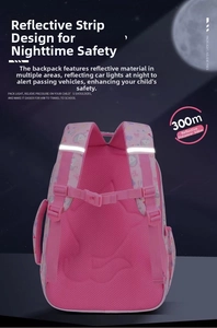 Pink ergonomic school bag featuring reflective safety strips and a breathable mesh back