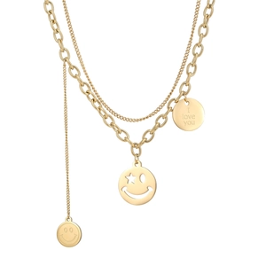 Collana a doppio strato in acciaio inossidabile dorato con ciondoli a faccina sorridente