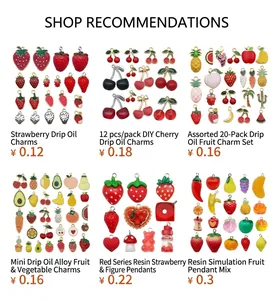 Detailed grid of diverse resin fruit charms including cherry strawberry and pineapple
