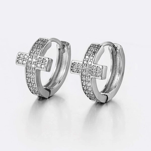 Men's hip hop silver cross hoop earrings with micro-paved sparkling cubic zirconia