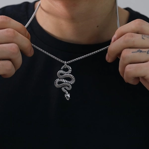 Detail of a silver stainless steel snake pendant necklace worn on a black shirt