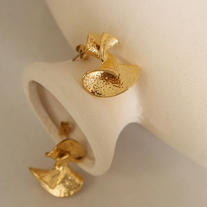 French vintage style gold stainless steel fan-shaped pleated earrings for women