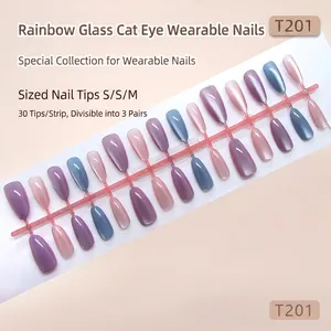 Rainbow cat-eye press-on nails set with glass shimmer effect in 30 pieces multi-size