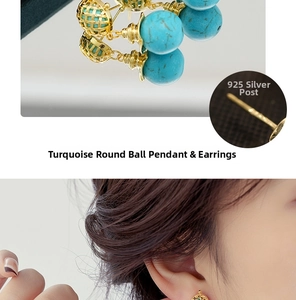Detail of bohemian turquoise drop earrings with gold hollow weave and 925 silver needles