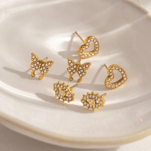 Gold 18K stainless steel stud earring set with butterfly heart and evil eye designs
