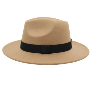 Classic khaki wool fedora hat with wide black decorative band for men and women