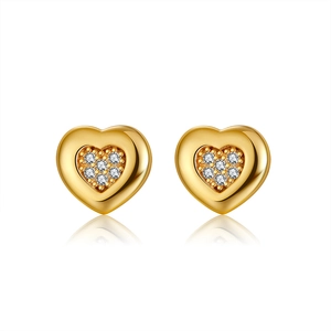 Elegant 925 sterling silver gold heart stud earrings with sparkling pavé cubic zirconia