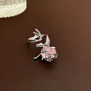 Pink zircon flower heart ring with silver vine design and adjustable open band