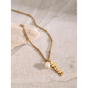 18k gold plated stainless steel MAMA necklace with freshwater pearl on stone