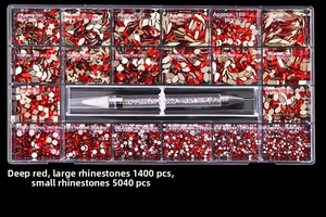 Deep red nail art rhinestone set with 21 compartments and a dual-ended picking pen