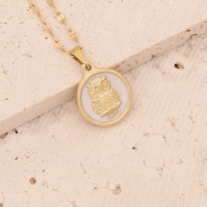 Macro shot of owl necklace with golden relief on white mother-of-pearl pendant