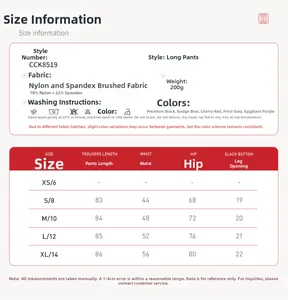 Size chart and fabric details for brushed nylon and spandex yoga leggings set