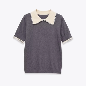 Dark grey knitted top with white contrast Peter Pan collar and delicate lace trim detail