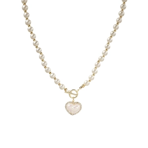 French retro pearl necklace with diamond-set heart pendant and golden T-bar clasp