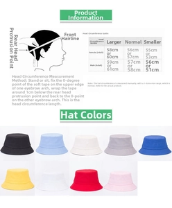 Size chart for washed cotton bucket hats showing head measurements and multi-color options