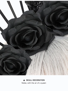 Close-up of black roses and skull detail on a gothic halo crown for Halloween cosplay
