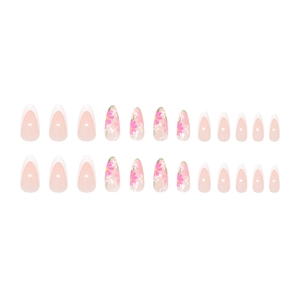 White French flower bow press-on nails set with long almond shape and floral design