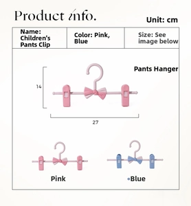 Size chart showing adjustable 27x14cm non-slip kids pant hangers with bow design