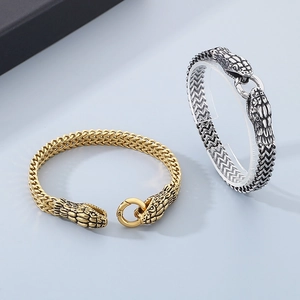 Snake head braided chain bracelet in 18K gold and silver stainless steel finishes