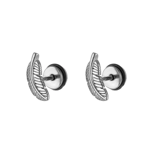 Detail view of silver stainless steel feather stud earrings with black rubber backs