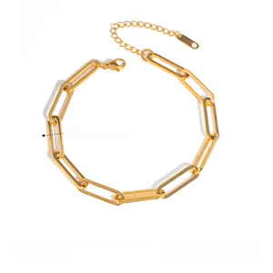Detail showing 6.5mm wide golden stainless steel paperclip chain with lobster clasp
