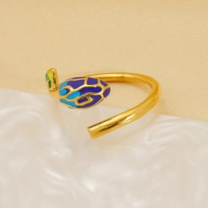 Elegant gold leaf open ring with vibrant purple and blue enamel scales for women