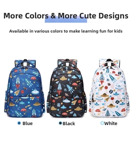 Three children's school backpacks with space rocket prints in blue, black, and white colors