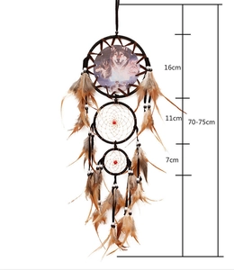 Detailed dimensions of multi-tier wolf dreamcatcher with brown feathers and beads