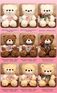 Close-up of teddy bears in white, dark brown, and light brown with rose and heart t-shirt