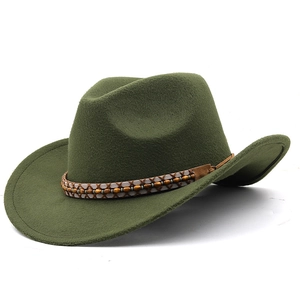 Dark green western felt cowboy hat with wide brim and decorative beaded band