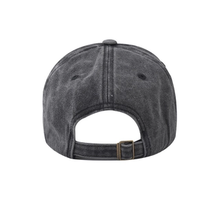 Detail of vintage washed charcoal baseball cap with adjustable antique brass buckle