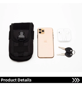 Detailed view of black tactical phone pouch showing capacity for mobile, keys and earphones