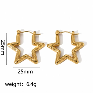 Detailed view of gold 18k stainless steel star earrings with measurements 25mm and 6.4g