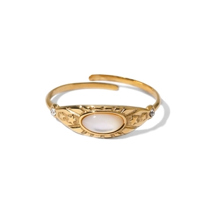 French vintage stainless steel gold ring with oval shell stone and star engraving