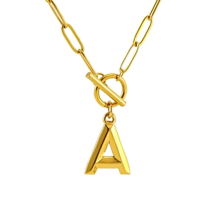 Golden paperclip link necklace with letter A pendant and toggle clasp closure