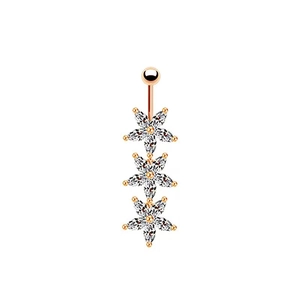 Rose gold navel ring featuring three vertical zircon flowers on a white background
