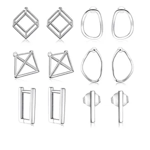 925 Sterling Silver Geometric Earrings For Women Minimalist Cube Star Shape Modern Stud Hoop Jewelry High-End Elegant