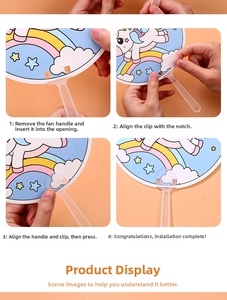 Step-by-step assembly guide for a DIY cartoon hand fan with unicorn patterns