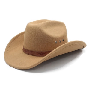 Cappello da cowboy western in feltro kaki con fascia in pelle goffrata e occhielli in metallo
