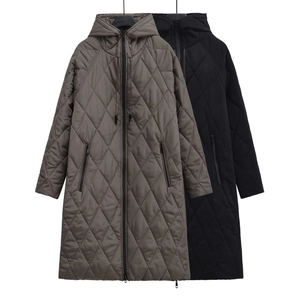 Women Long Quilted Jacket Hooded Diamond Pattern Cotton Padded Coat Zip Up Solid Color Casual Outerwear