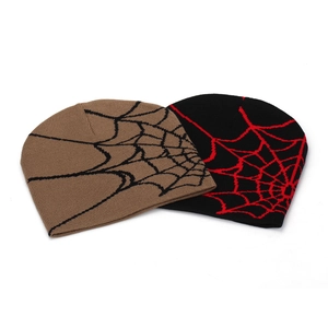 Winter spider web jacquard knitted beanies in black red and brown black patterns