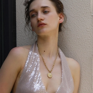 18K gold plated stainless steel coin necklace with starburst pendant and rhinestones