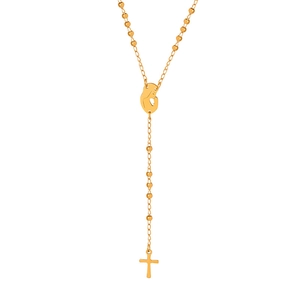 Golden titanium steel long sweater necklace with cross pendant and Virgin Mary silhouette
