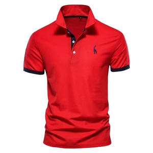 Men's red pique polo shirt with giraffe embroidery and navy contrast sleeve trim