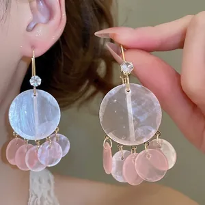 Pink mother-of-pearl geometric tassel earrings with zircon studs for beach vacations