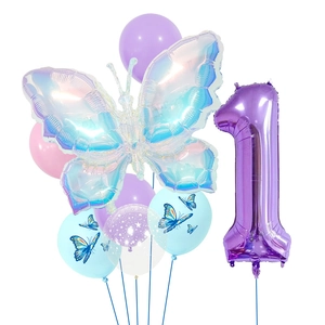 Detailed setup of butterfly balloon kit with purple number 1 for birthday parties