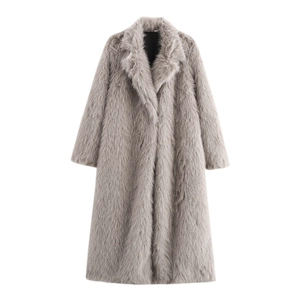 Women Faux Fur Long Coat Suit Collar Winter Warm Solid Color Elegant Lapel Overcoat Trendy Outerwear Street Style