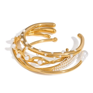 Layered gold stainless steel open bangle with white pearls and sparkling crystals
