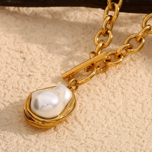 Vintage 18K gold plated stainless steel chain necklace with baroque pearl and OT clasp