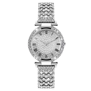 Silver luxury women's watch with full crystal rhinestones and Roman numeral dial display